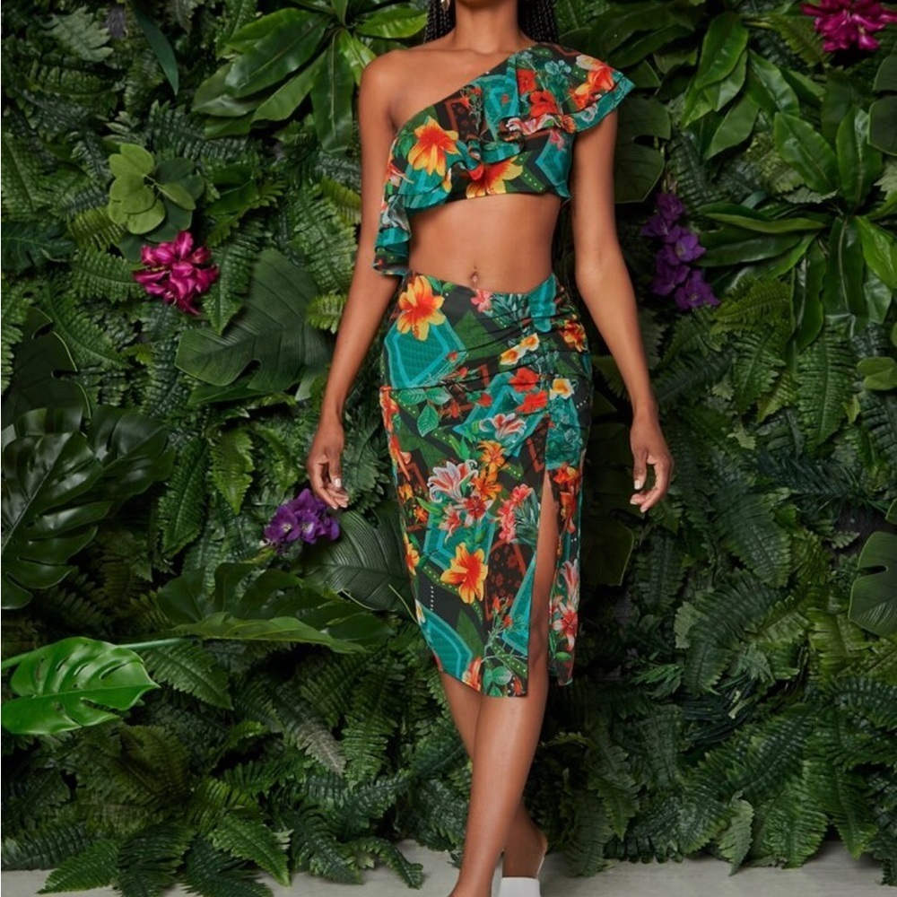 Floral One-Shoulder Two-Piece Set - Picture 1 of 5
